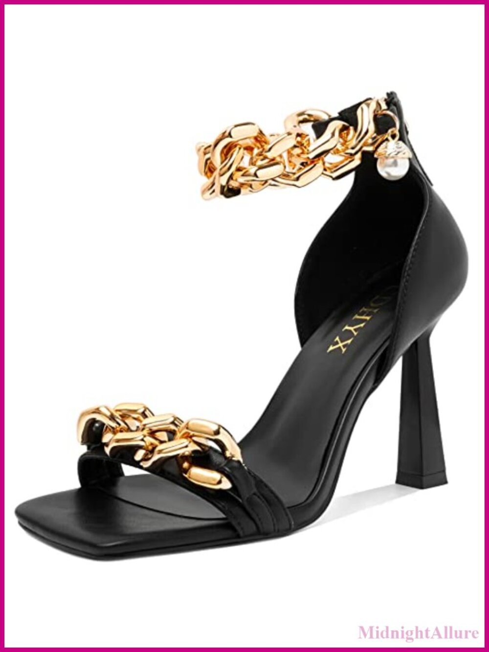 Stiletto Heel Sandals Square Open Toe Chain & Faux Pearl Ankle Strap